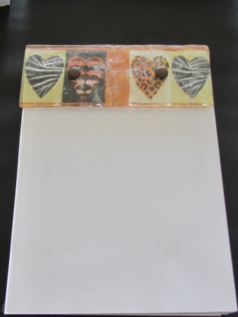 blocco notes con fermafogli in vetro decorato decoupage